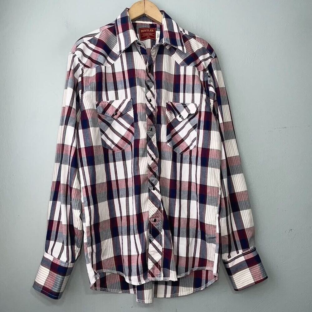 Vintage Rustler Western Shirt Mens Size 16 34/35 Pearl Snap X Long Tails Cowboy